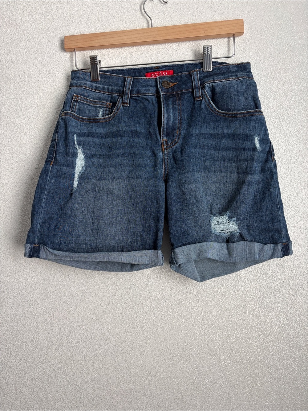 Guess Dark Blue Distressed Rolled-Hem Denim Shorts